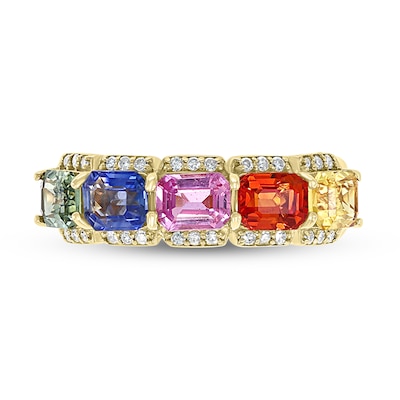 EFFY™ Collection Sideways Emerald-Cut Multi-Colour Sapphire and 0.145 CT. T.W. Diamond Five Stone Ring in 14K Gold