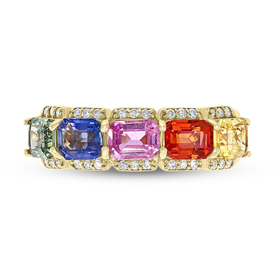 EFFY™ Collection Sideways Emerald-Cut Multi-Colour Sapphire and 0.145 CT. T.W. Diamond Five Stone Ring in 14K Gold