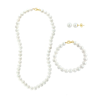 EFFY™ Collection 7.5-8.0mm Freshwater Cultured Pearl Strand Necklace, Strand Bracelet and Stud Earrings Set in 14K Gold