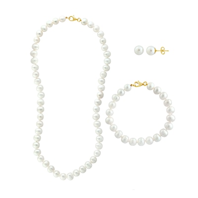 EFFY™ Collection 7.5-8.0mm Freshwater Cultured Pearl Strand Necklace, Strand Bracelet and Stud Earrings Set in 14K Gold