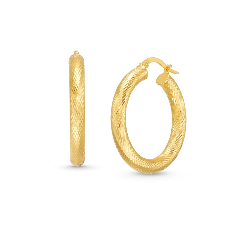Diamond-Cut 20.0mm Tube Hoop Earrings in Hollow 14K Gold|Peoples Jewellers