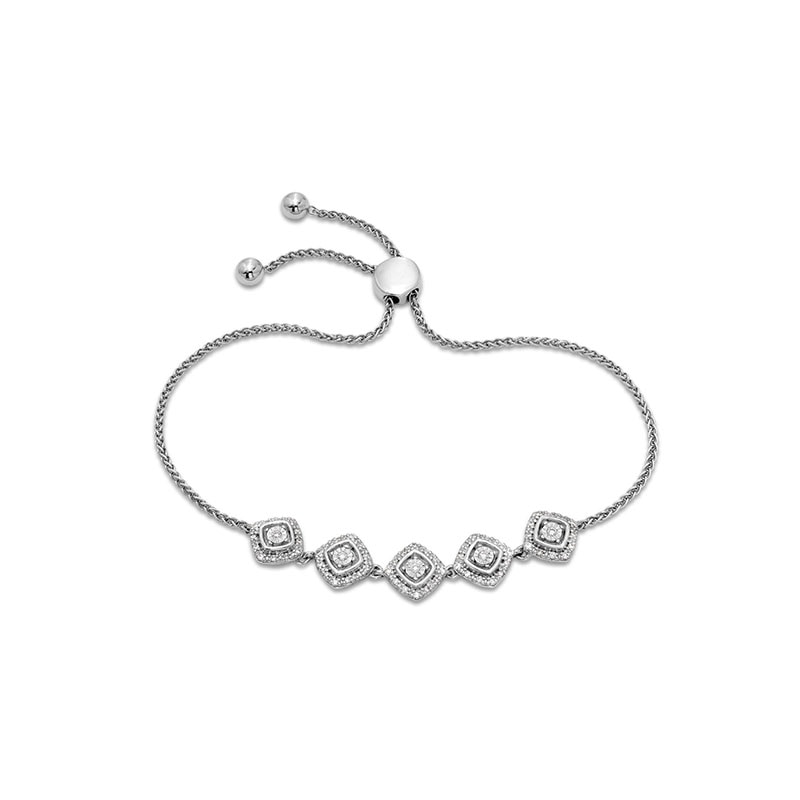0.25 CT. T.W. Diamond Tilted Cushion Frame Five Stone Bolo Bracelet in Sterling Silver - 9.5"|Peoples Jewellers