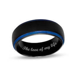 Men's Comfort-Fit 8.0mm Engravable Wedding Band in Tungsten with Black and Blue Ion-Plate (1 Line)