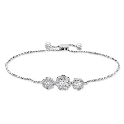 1.00 CT. T.W. Diamond Flower Frame Bolo Bracelet in Sterling Silver - 9.5"