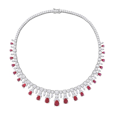 Pear-Shaped Lab-Created Ruby and White Lab-Created Sapphire Graduating Chandelier Necklace in Sterling Silver - 17"