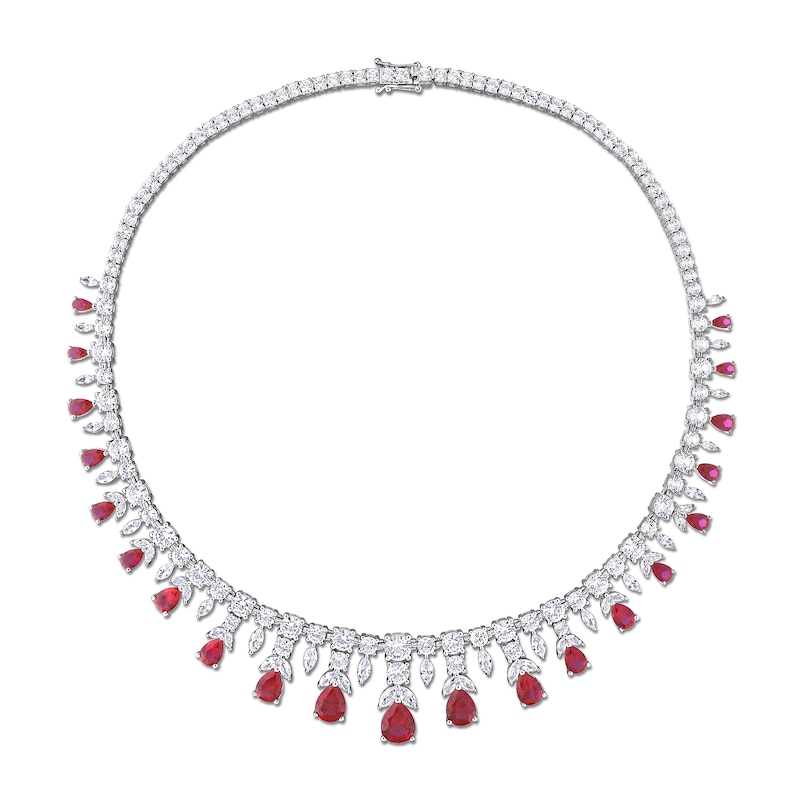Pear-Shaped Lab-Created Ruby and White Lab-Created Sapphire Graduating Chandelier Necklace in Sterling Silver - 17"|Peoples Jewellers