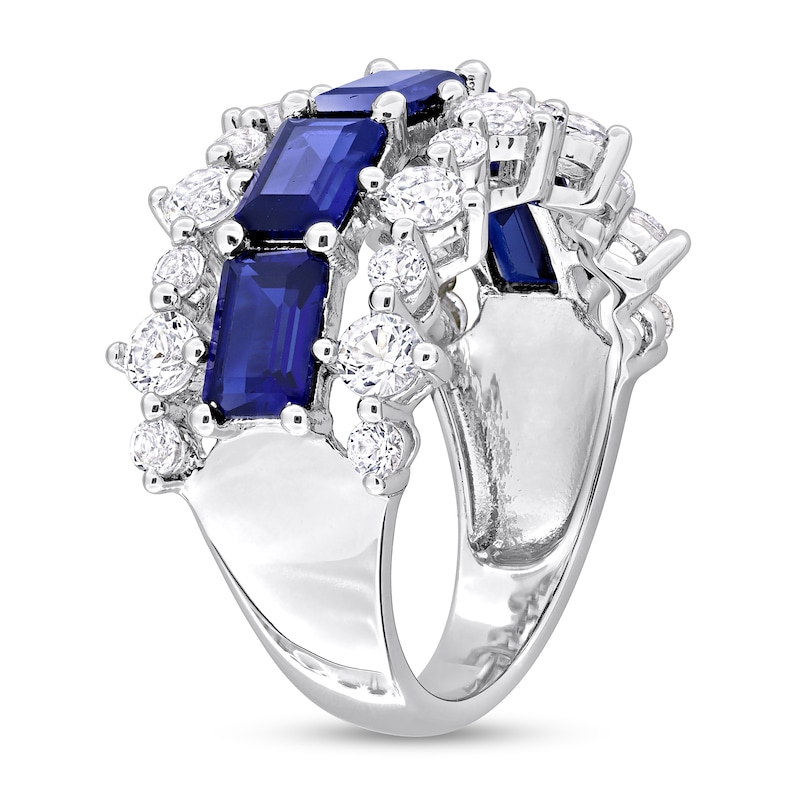 Sideways Emerald-Cut Blue Lab-Created Sapphire and White Lab-Created Sapphire Edge Ring in Sterling Silver|Peoples Jewellers