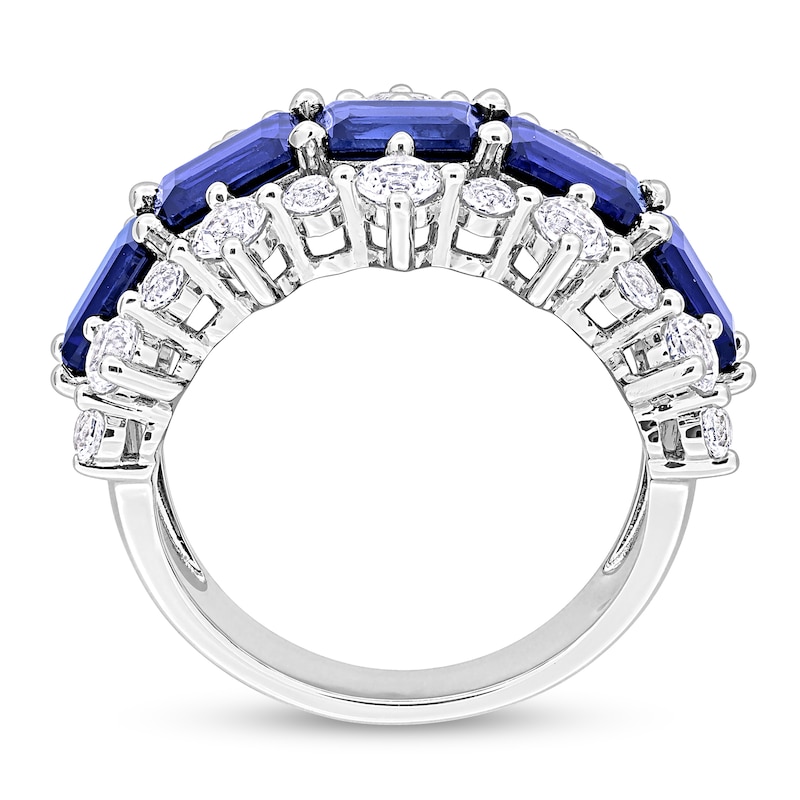 Sideways Emerald-Cut Blue Lab-Created Sapphire and White Lab-Created Sapphire Edge Ring in Sterling Silver|Peoples Jewellers
