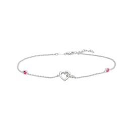 White Lab-Created Sapphire Heart and Lab-Created Ruby Bead Anklet in Sterling Silver - 10&quot;
