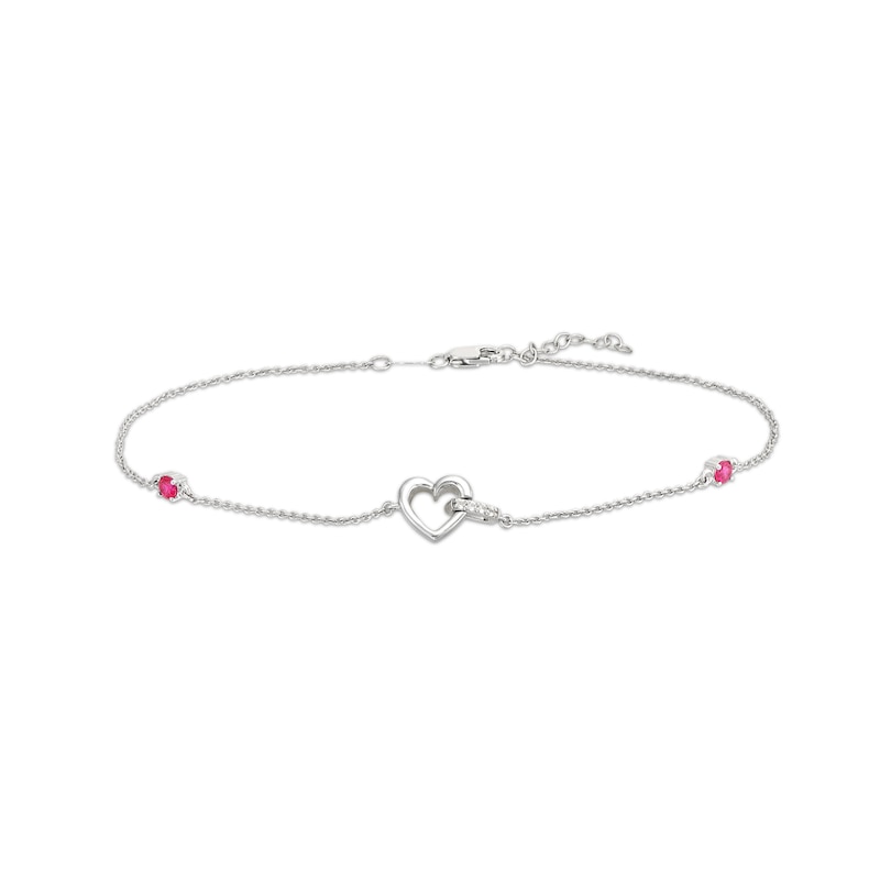 White Lab-Created Sapphire Heart and Lab-Created Ruby Bead Anklet in Sterling Silver - 10"|Peoples Jewellers