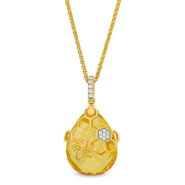 Faceted Pear-Shaped Citrine and White Lab-Created Sapphire Honeycomb Pendant in Sterling Silver with 14K Gold Plate