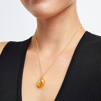 Faceted Pear-Shaped Citrine and White Lab-Created Sapphire Honeycomb Pendant in Sterling Silver with 14K Gold Plate