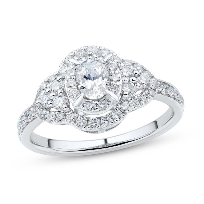 0.95 CT. T.W. Oval Diamond Clover Frame Tri-Sides Ring in 14K White Gold (I/I1)|Peoples Jewellers