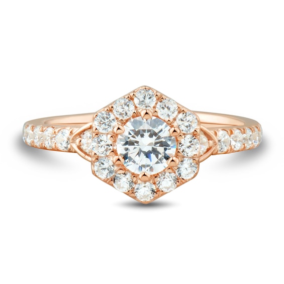 0.95 CT. T.W. Diamond Tilted Hexagon Frame Engagement Ring in 14K Rose Gold (I/I2)