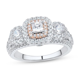1.23 CT. T.W. Princess-Cut Diamond Edge Double Frame Three Stone Engagement Ring in 14K Two-Tone Gold (I/I2)