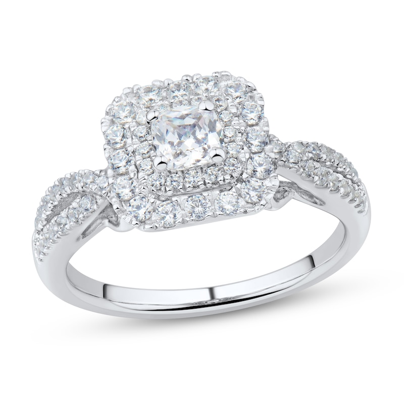 0.95 CT. T.W. Cushion-Cut Diamond Double Frame Split Shank Engagement Ring in 14K White Gold (I/SI2)|Peoples Jewellers