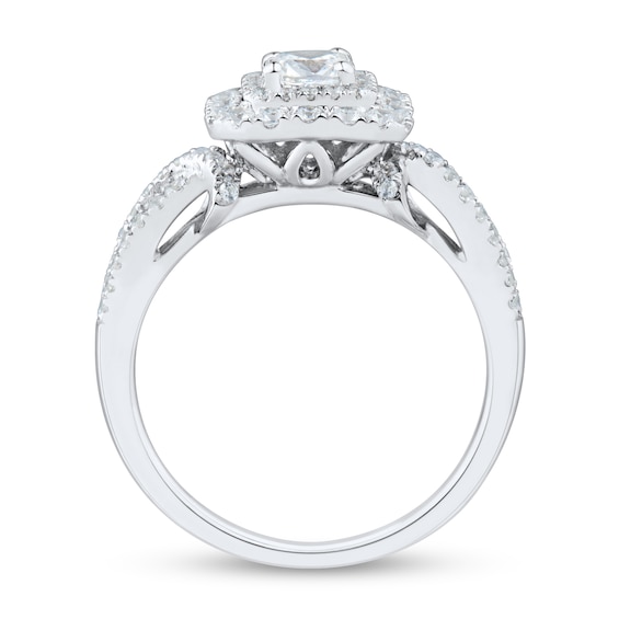 0.95 CT. T.W. Cushion-Cut Diamond Double Frame Split Shank Engagement Ring in 14K White Gold (I/SI2)