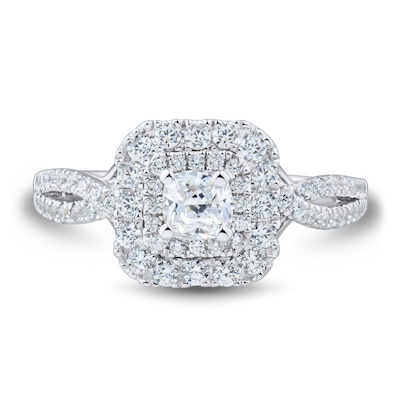 0.95 CT. T.W. Cushion-Cut Diamond Double Frame Split Shank Engagement Ring in 14K White Gold (I/SI2)