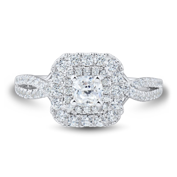 0.95 CT. T.W. Cushion-Cut Diamond Double Frame Split Shank Engagement Ring in 14K White Gold (I/SI2)