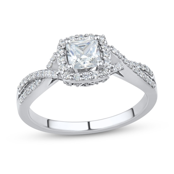 0.69 CT. T.W. Cushion-Cut Diamond Frame Criss-Cross Split Shank Engagement Ring in 14K White Gold (I/VS2)