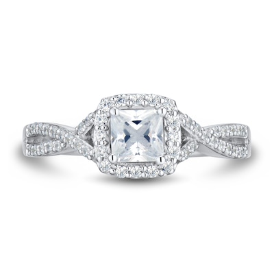 0.69 CT. T.W. Cushion-Cut Diamond Frame Criss-Cross Split Shank Engagement Ring in 14K White Gold (I/VS2)