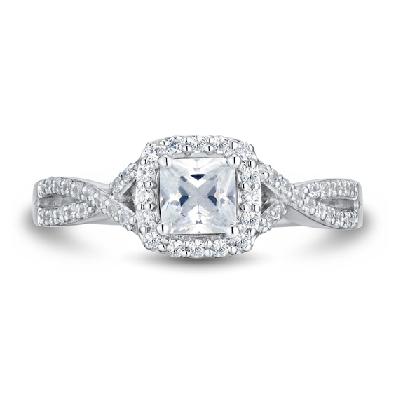 0.69 CT. T.W. Cushion-Cut Diamond Frame Criss-Cross Split Shank Engagement Ring in 14K White Gold (I/VS2)