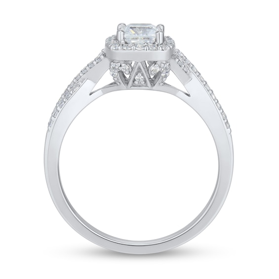 0.69 CT. T.W. Cushion-Cut Diamond Frame Criss-Cross Split Shank Engagement Ring in 14K White Gold (I/VS2)