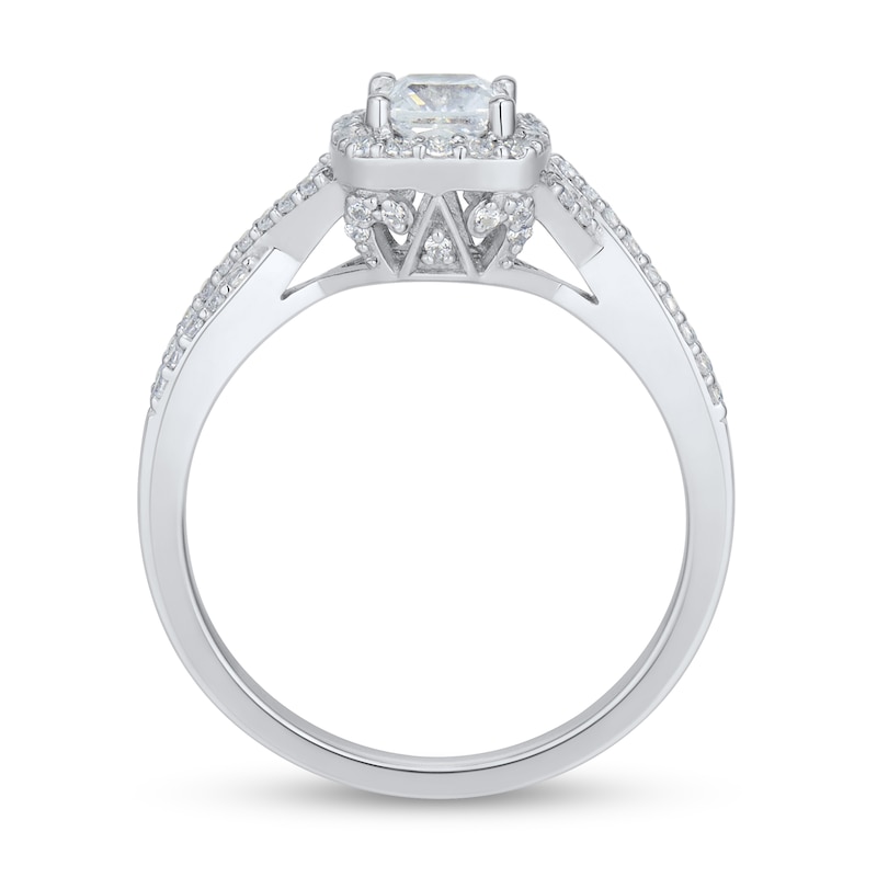 0.69 CT. T.W. Cushion-Cut Diamond Frame Criss-Cross Split Shank Engagement Ring in 14K White Gold (I/VS2)|Peoples Jewellers
