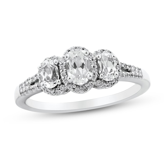 0.95 CT. T.W. Oval Diamond Frame Three Stone Split Shank Engagement Ring in 14K White Gold (I/I1-SI2)