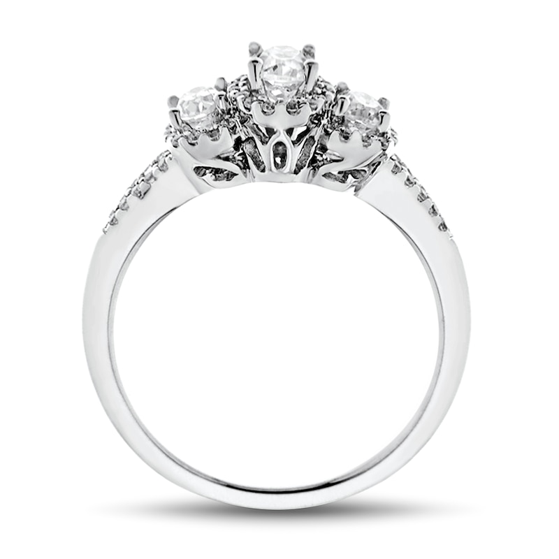 0.95 CT. T.W. Oval Diamond Frame Three Stone Split Shank Engagement Ring in 14K White Gold (I/I1-SI2)|Peoples Jewellers