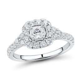 0.95 CT. T.W. Cushion-Cut Diamond Frame Tri-Sides Vintage-Style Engagement Ring in 14K White Gold (I/SI2)