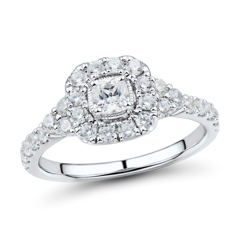 0.95 CT. T.W. Cushion-Cut Diamond Frame Tri-Sides Vintage-Style Engagement Ring in 14K White Gold (I/SI2)|Peoples Jewellers