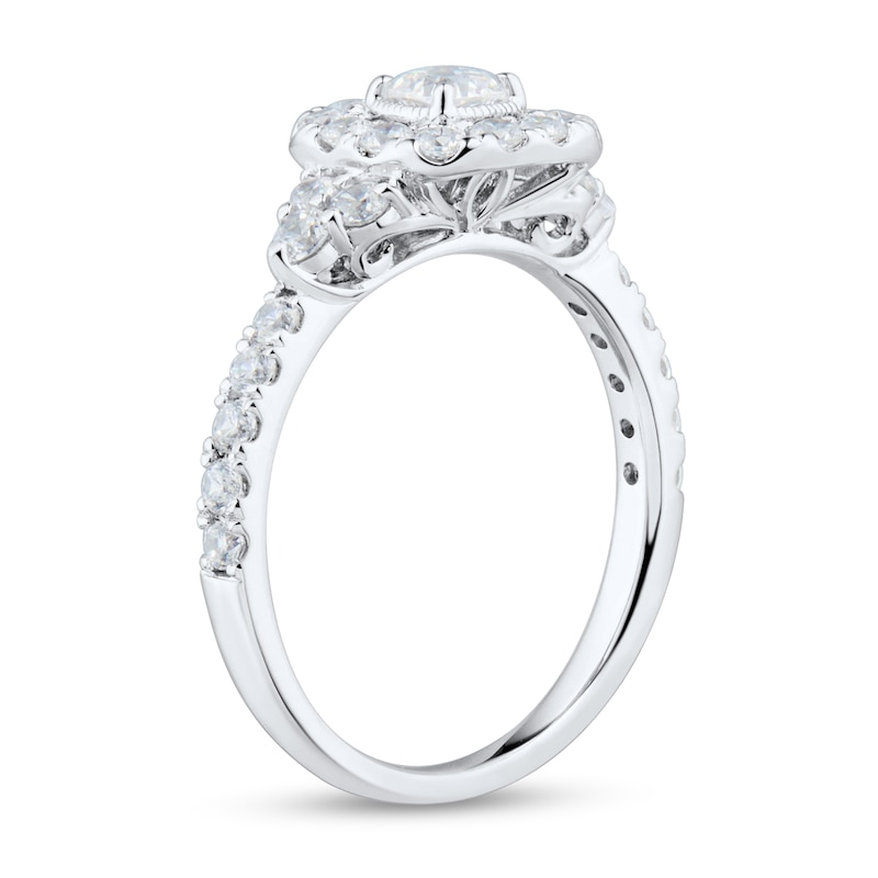 0.95 CT. T.W. Cushion-Cut Diamond Frame Tri-Sides Vintage-Style Engagement Ring in 14K White Gold (I/SI2)|Peoples Jewellers