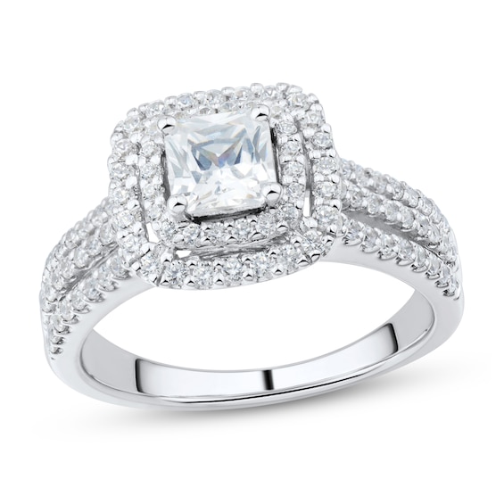 1.23 CT. T.W. Cushion-Cut Diamond Double Frame Triple Row Engagement Ring in 14K White Gold (I/I1)