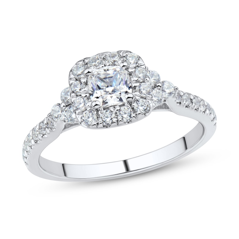 0.95 CT. T.W. Cushion-Cut Diamond Frame Tri-Sides Engagement Ring in 14K White Gold (I/SI2-VS2)|Peoples Jewellers
