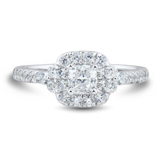 0.95 CT. T.W. Cushion-Cut Diamond Frame Tri-Sides Engagement Ring in 14K White Gold (I/SI2-VS2)