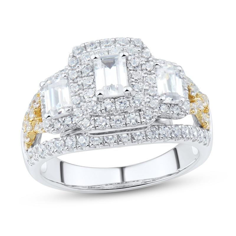 1.95 CT. T.W. Emerald-Cut Diamond Frame Split Shank Three Stone Engagement Ring in 14K Two-Tone Gold (I/I1)|Peoples Jewellers