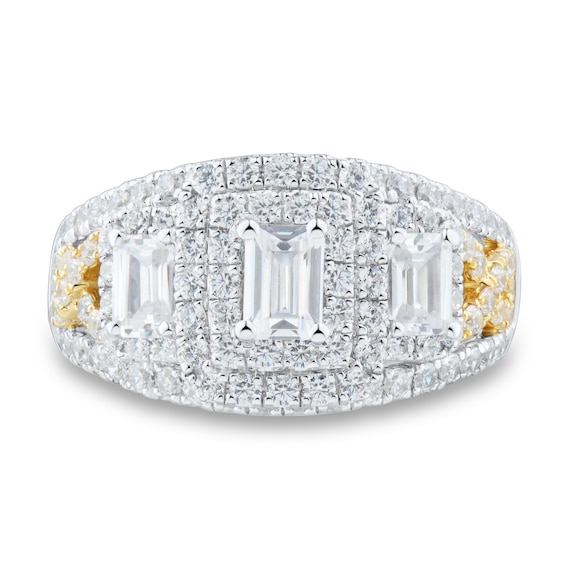 1.95 CT. T.W. Emerald-Cut Diamond Frame Split Shank Three Stone Engagement Ring in 14K Two-Tone Gold (I/I1)