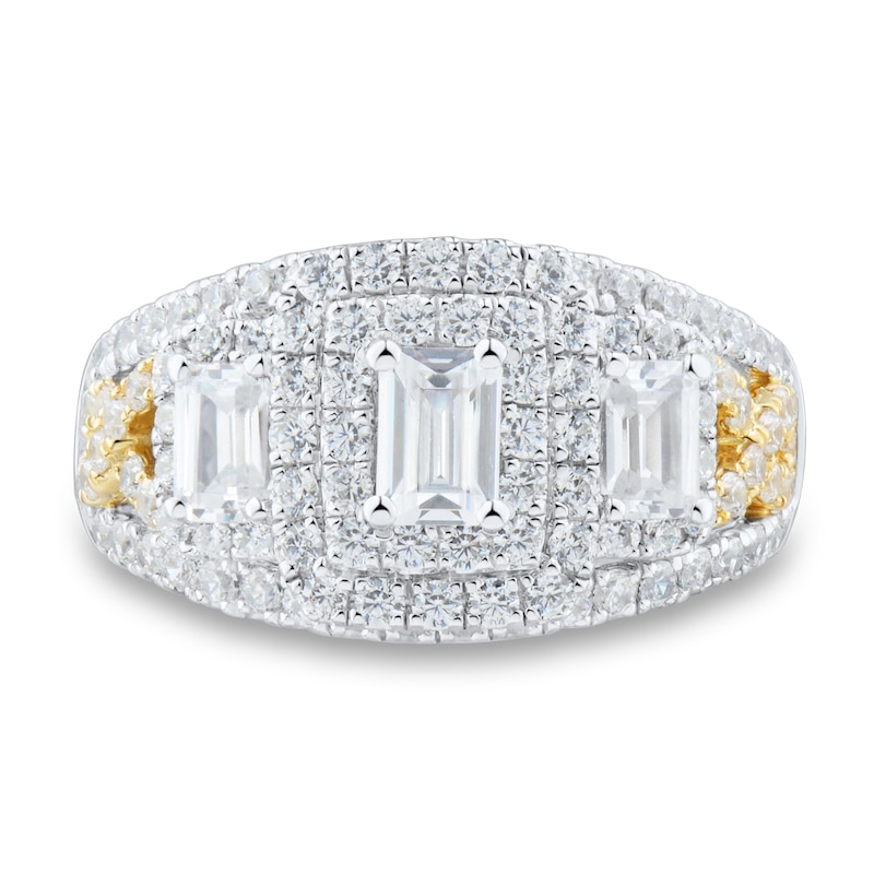 1.95 CT. T.W. Emerald-Cut Diamond Frame Split Shank Three Stone Engagement Ring in 14K Two-Tone Gold (I/I1)|Peoples Jewellers