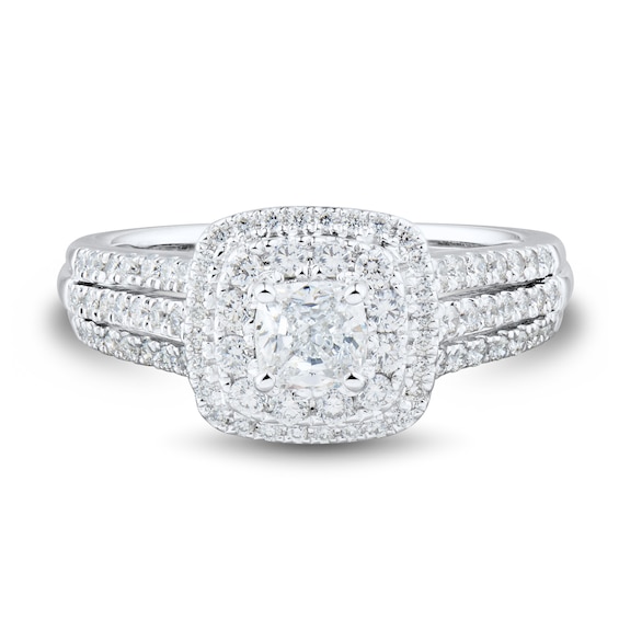 0.95 CT. T.W. Cushion-Cut Diamond Double Frame Triple Row Engagement Ring in 14K White Gold (I/I1)