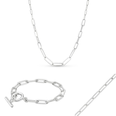 Paper Clip Chain Necklace and Bracelet Set in Solid Sterling Silver