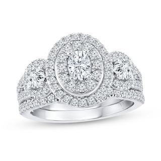 1.40 CT. T.W. Oval Diamond Frame Double Row Three Stone Bridal Set in 14K White Gold (I/I1)