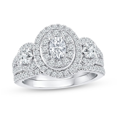 1.40 CT. T.W. Oval Diamond Frame Double Row Three Stone Bridal Set in 14K White Gold (I/I1)