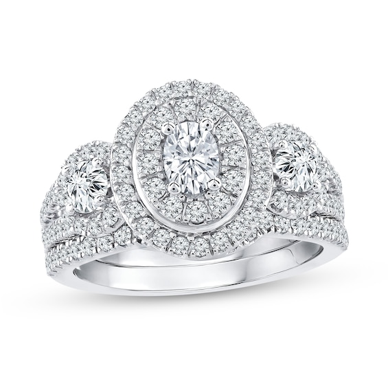 1.40 CT. T.W. Oval Diamond Frame Double Row Three Stone Bridal Set in 14K White Gold (I/I1)