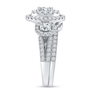 1.40 CT. T.W. Oval Diamond Frame Double Row Three Stone Bridal Set in 14K White Gold (I/I1)