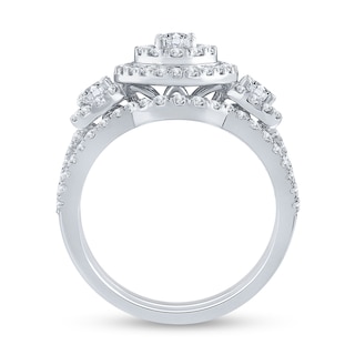 1.40 CT. T.W. Oval Diamond Frame Double Row Three Stone Bridal Set in 14K White Gold (I/I1)