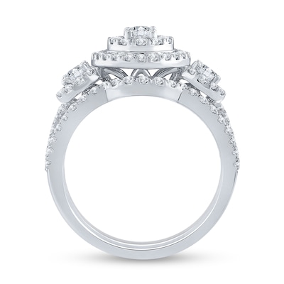 1.40 CT. T.W. Oval Diamond Frame Double Row Three Stone Bridal Set in 14K White Gold (I/I1)