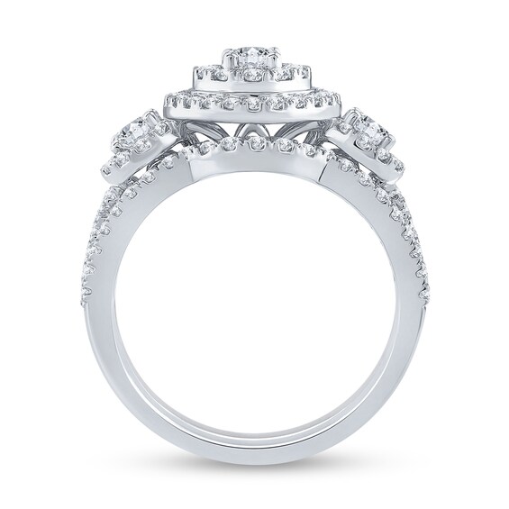 1.40 CT. T.W. Oval Diamond Frame Double Row Three Stone Bridal Set in 14K White Gold (I/I1)