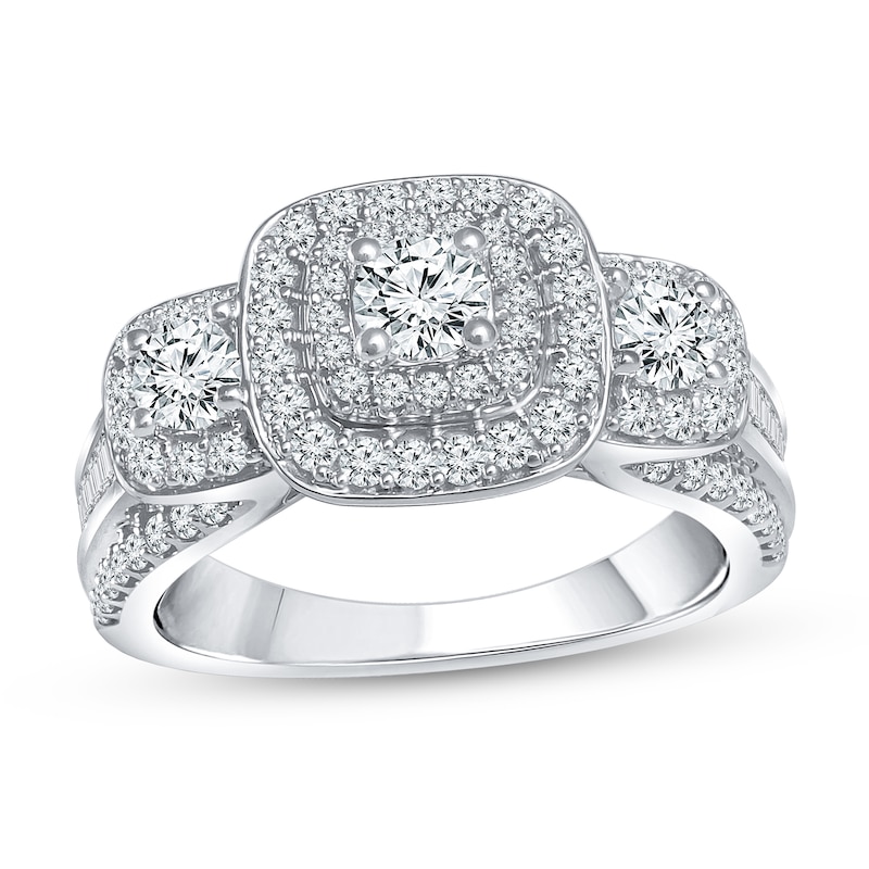 1.45 CT. T.W. Diamond Cushion Frame Three Stone Engagement Ring in 10K White Gold (I/I1)|Peoples Jewellers