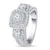 1.45 CT. T.W. Diamond Cushion Frame Three Stone Engagement Ring in 10K White Gold (I/I1)